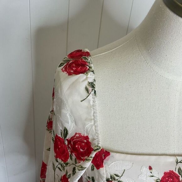 Blue Rain Women XS Square Neck White Red Floral Mini Peasant Dress Balloon Sleev - Picture 3 of 16